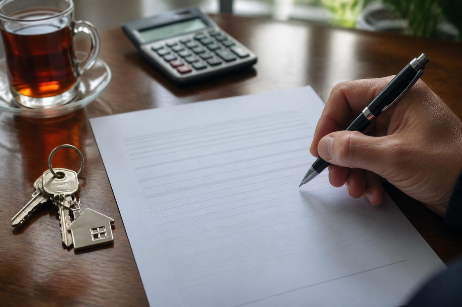 A hand signing a document at a table, with a set of keys, a calculator and a cup of tea beside it