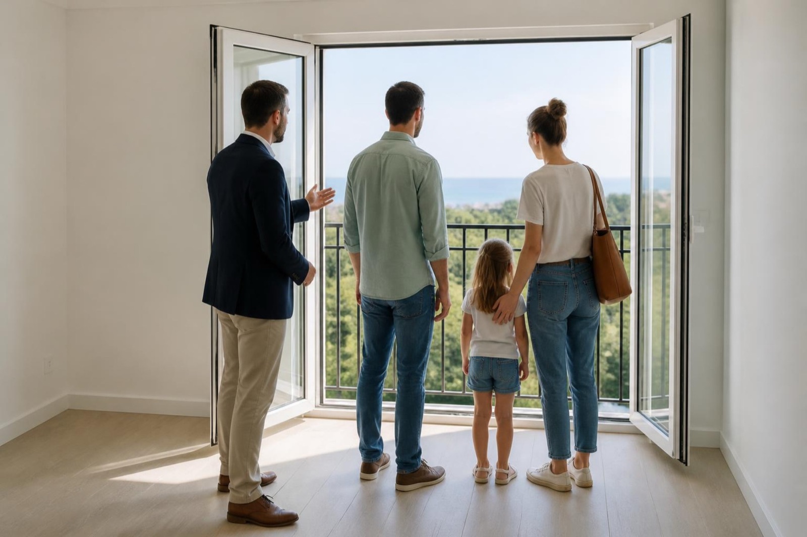 An estate agent showing a family with a child around a bright empty apartment, all looking out through the balcony doors