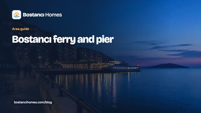 Bostancı Homes guide card titled Bostancı ferry and pier, over a photo of a stone pier and a passenger boat at dusk with lit apartment blocks along the shore