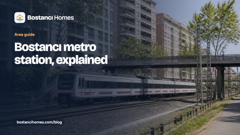 Bostancı Homes guide card titled Bostancı metro station, over a photo of a white commuter train on a double railway line beside apartment blocks
