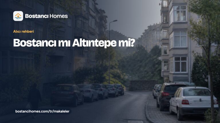 Bostancı Altıntepe satılık daire rehberinin kartı; sabah ışığında apartman bloklarından oluşan sakin bir sokak fotoğrafı üzerinde